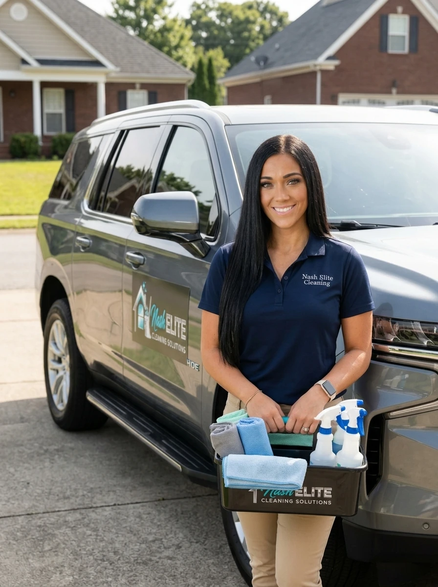 Jessica Nash, Founder of Nash Elite Cleaning with branded service vehicle in Chattanooga