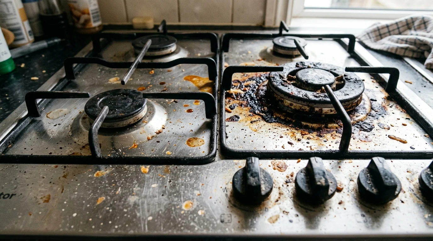 Burnt grease on kitchen stovetop before cleaning